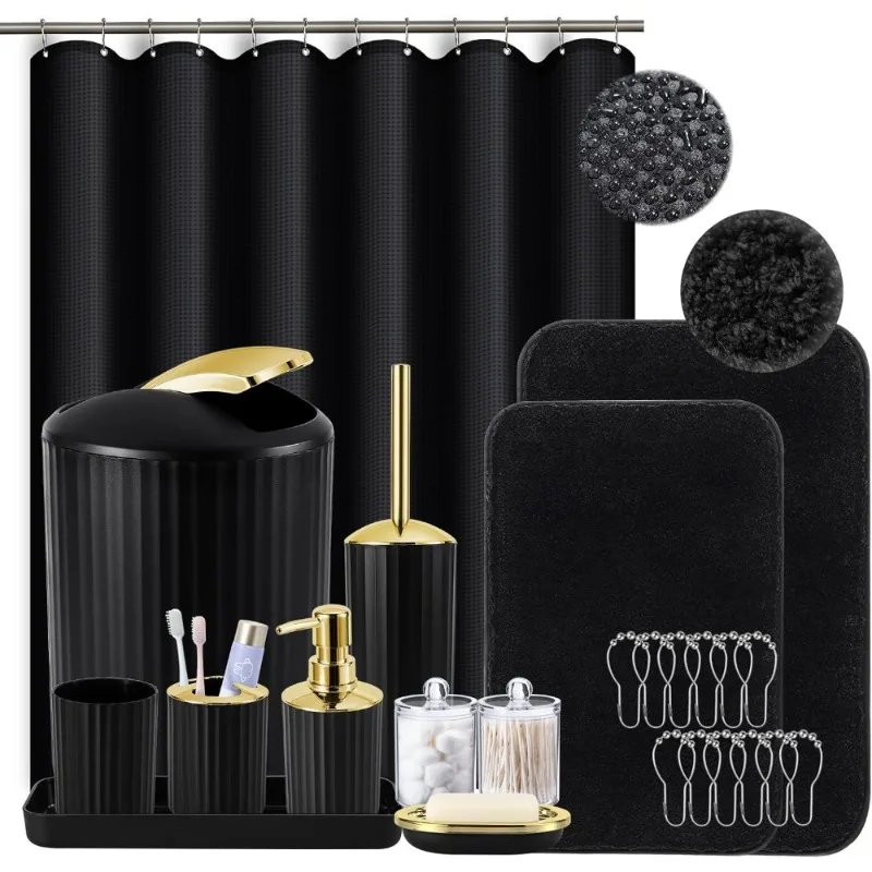 Black and Gold Bathroom Set with Shower Curtain Absorbent Rugs Accessories Bath Mat
Black and Gold Bathroom Set with Shower Curtain Absorbent Rugs Accessories Bath Mat