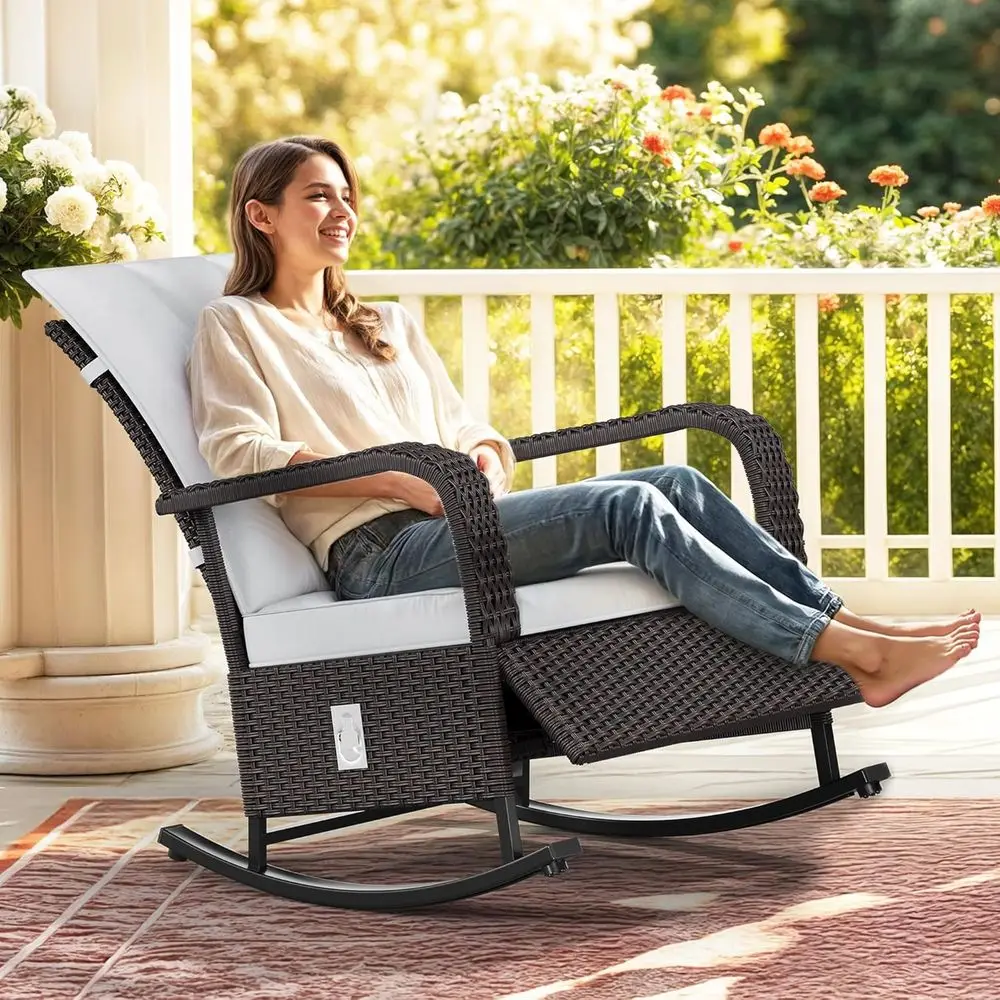 Outdoor Rocking Chair, Wicker Lounge Chair with Adjusent Backrest, PE Rattan Patio Recliner with Adjustable ootrest and Sot Cush
Outdoor Rocking Chair, Wicker Lounge Chair with Adjusent Backrest, PE Rattan Patio Recliner with Adjustable ootrest and Sot Cush