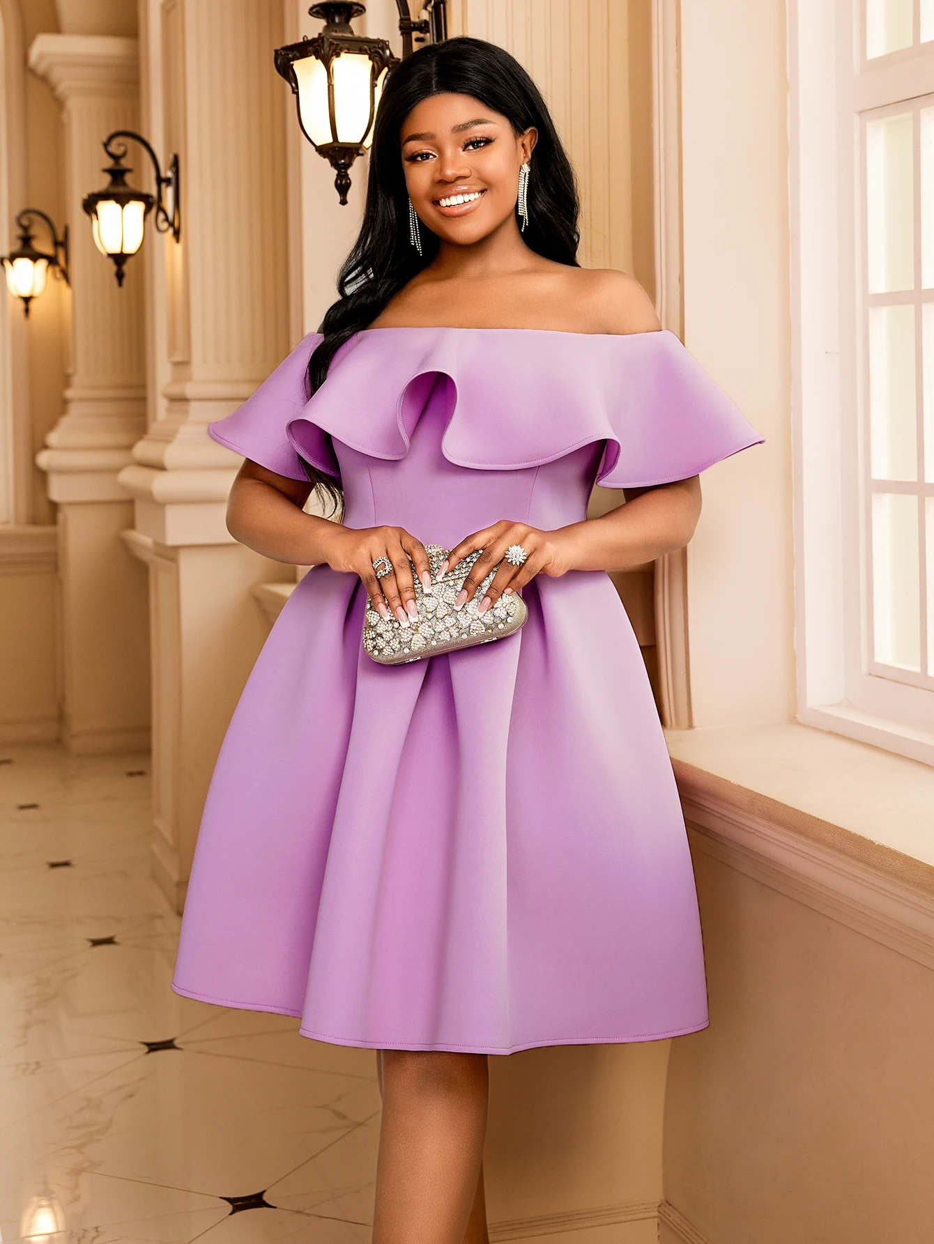 Sweet Women Purple Ball Party Dress Slash Neck Ruffles Sleevless High Waist A Line Pleated Knee Length Gowns Cocktail Event Wear
Sweet Women Purple Ball Party Dress Slash Neck Ruffles Sleevless High Waist A Line Pleated Knee Length Gowns Cocktail Event Wear