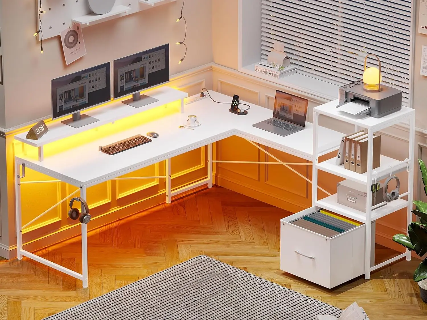 White L Shaped Desk with Fabric Drawer, Reversible 51” Corner Desk with Storage Shelves, L Shaped Gaming Table with, Customized
White L Shaped Desk with Fabric Drawer, Reversible 51” Corner Desk with Storage Shelves, L Shaped Gaming Table with, Customized