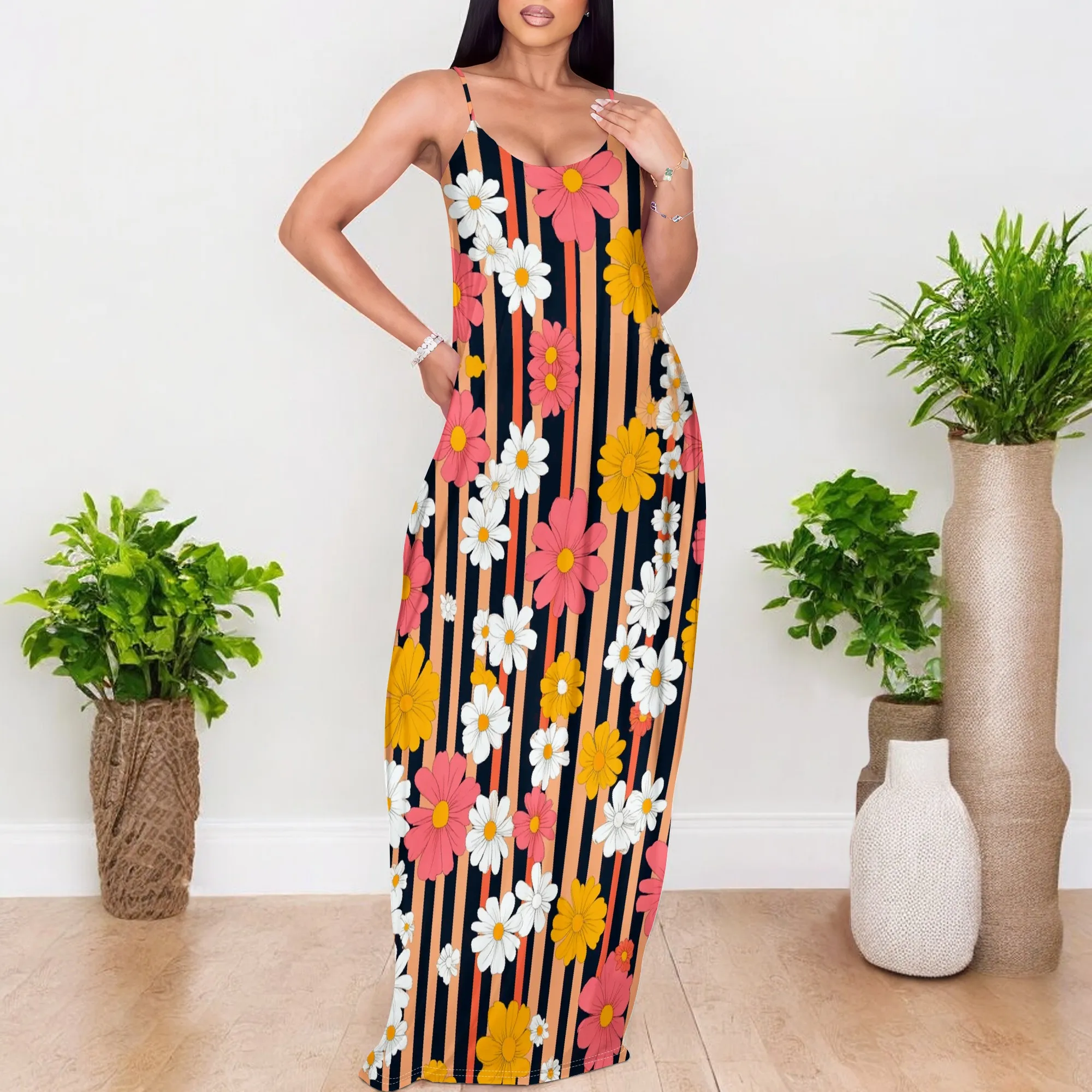 Women's Floral Striped Maxi Dress V-Neck Spaghetti Strap Loose Dress with Pockets for Beach Vacation Wear XS-3XL
Women's Floral Striped Maxi Dress V-Neck Spaghetti Strap Loose Dress with Pockets for Beach Vacation Wear XS-3XL