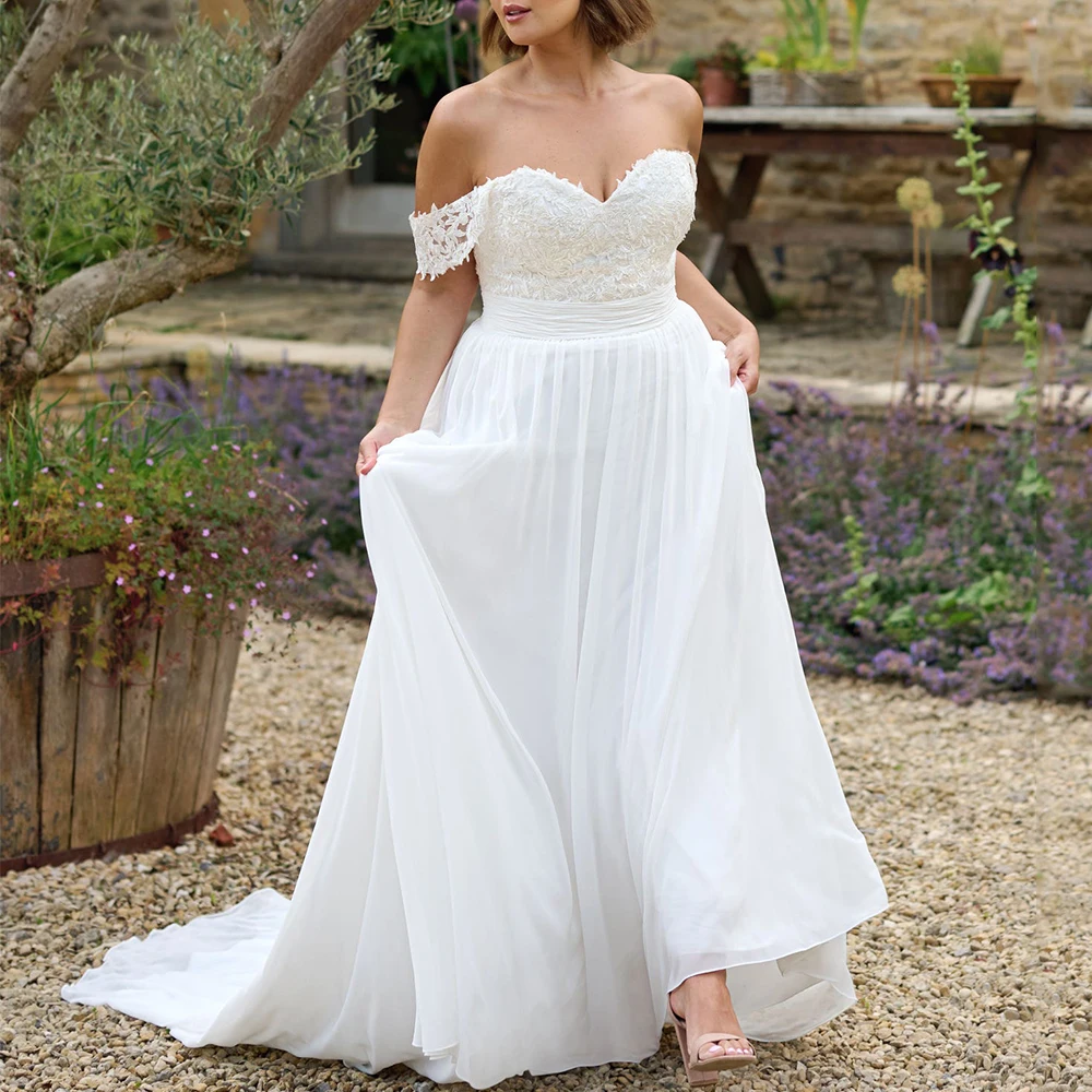 Elegant Applique A-Line Wedding Dress Sweetheart Off the Shoulder Bridal Pleat with Chiffon Sweep Train Lace Up Customized Gown
Elegant Applique A-Line Wedding Dress Sweetheart Off the Shoulder Bridal Pleat with Chiffon Sweep Train Lace Up Customized Gown