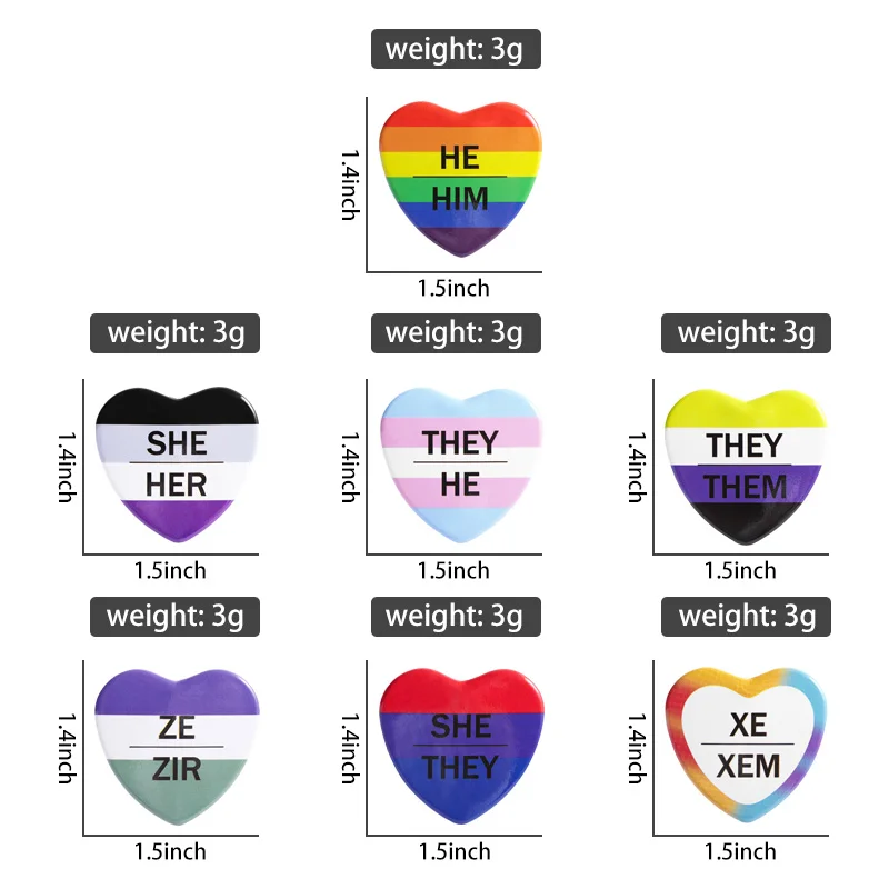 LGBT Pride Raimbow Pronoun Tinplate Soft Button Pin Cute Heart-Shaped HE/HIM THEY/THEM Brooches Lapel Pins Badge Jewelry Gifts
LGBT Pride Raimbow Pronoun Tinplate Soft Button Pin Cute Heart-Shaped HE/HIM THEY/THEM Brooches Lapel Pins Badge Jewelry Gifts