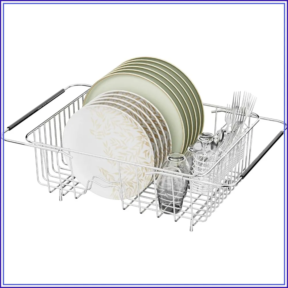 Expandable Over Sink Dish Drying Rack, 15.08"–22.4", 304 Stainless Steel Dish Drainer with Utensil Holder, Holds Up to 13 Plates
Expandable Over Sink Dish Drying Rack, 15.08"–22.4", 304 Stainless Steel Dish Drainer with Utensil Holder, Holds Up to 13 Plates