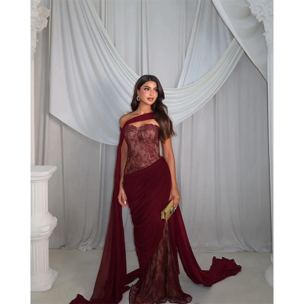 Lucy Lace One-Shoulder Burgundy Mermaid Elegant Sexy Mermaid Gown Formal Evening Dress Ruched Customized Robes de Soirée
Lucy Lace One-Shoulder Burgundy Mermaid Elegant Sexy Mermaid Gown Formal Evening Dress Ruched Customized Robes de Soirée