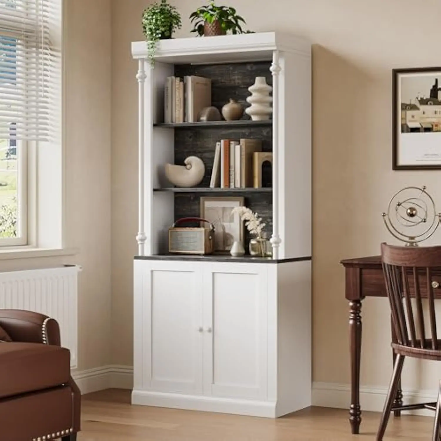 Tall Storage Bookcase with 3-Tier Open Shelves and Double Door, Roman Column Design and 4 Adjustable Lights, White & Black Wood
Tall Storage Bookcase with 3-Tier Open Shelves and Double Door, Roman Column Design and 4 Adjustable Lights, White & Black Wood
