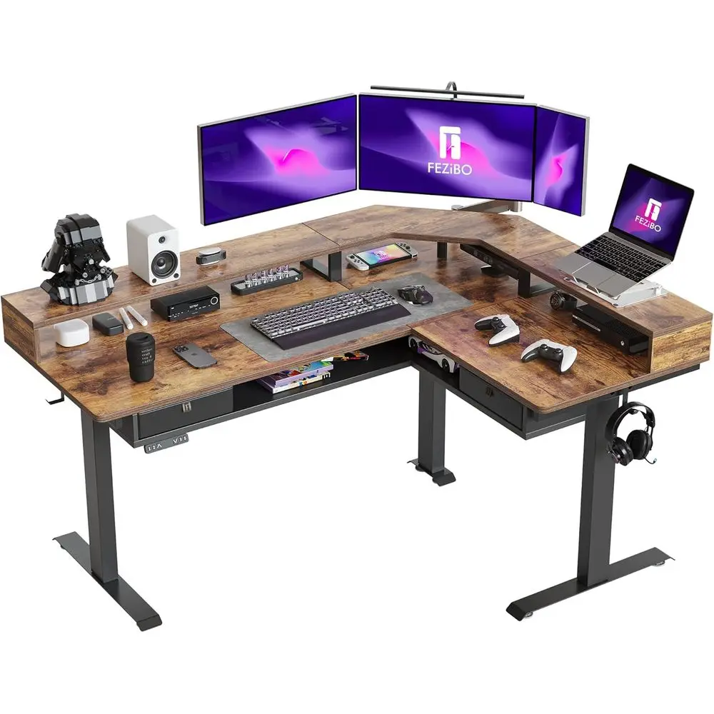 63x49 L-Shaped Desk with LED Strip, Electric Adjustment, Storage Shelves, Rustic Brown for Gaming or Office
63x49 L-Shaped Desk with LED Strip, Electric Adjustment, Storage Shelves, Rustic Brown for Gaming or Office