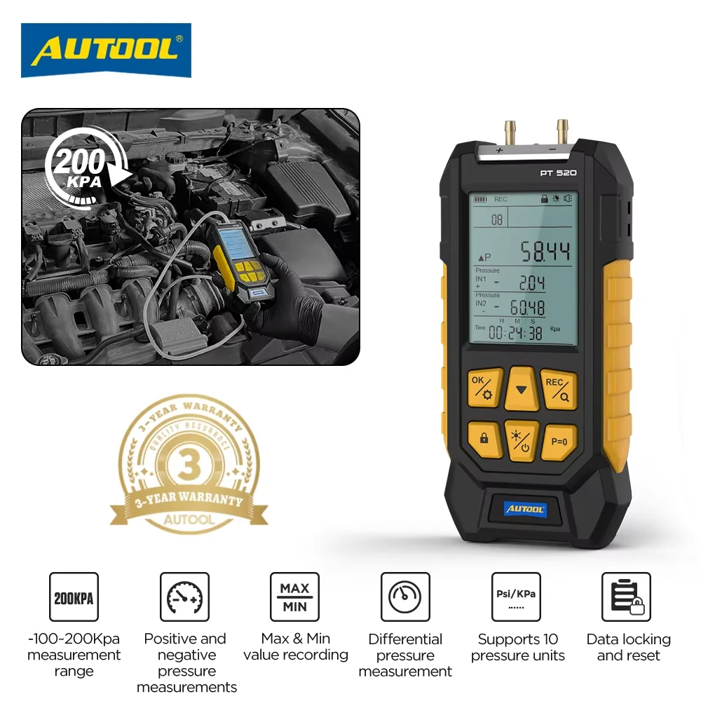 AUTOOL PT520 Differential Dual Port Pressure Gauge Digital Differential Port Pressure Gauge Manometer Gas Pressure Tester
AUTOOL PT520 Differential Dual Port Pressure Gauge Digital Differential Port Pressure Gauge Manometer Gas Pressure Tester