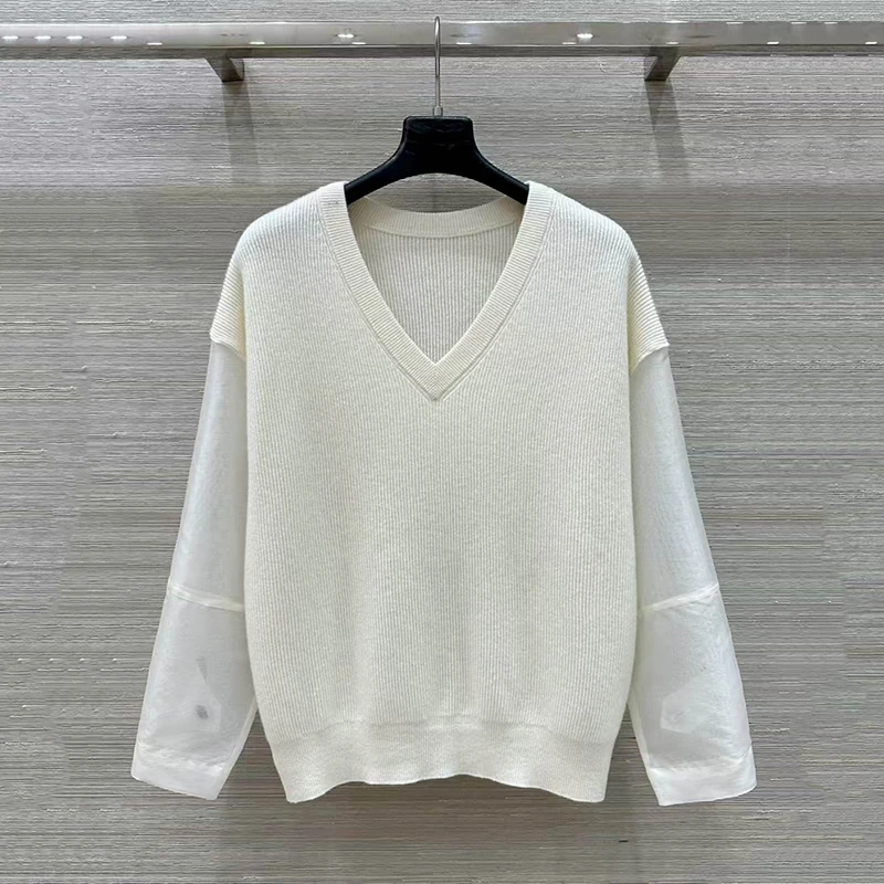 Women's Old Money Style Wool Pullover, Organza Sleeve Patchwork Knit Top, High-Quality Top, Autumn, New Arrival, 2025
Women's Old Money Style Wool Pullover, Organza Sleeve Patchwork Knit Top, High-Quality Top, Autumn, New Arrival, 2025