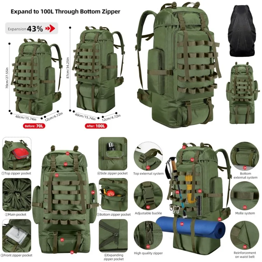 70L/100L Camping Hiking Backpack with Rain Cover, Expandable Large Military Tactical Backpack, Waterproof Molle Racksack Travel
70L/100L Camping Hiking Backpack with Rain Cover, Expandable Large Military Tactical Backpack, Waterproof Molle Racksack Travel