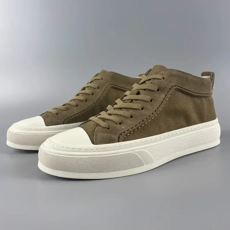 Genuine leather patchwork breathable versatile canvas high top shoes with thick soles, casual lace up board shoes for men
Genuine leather patchwork breathable versatile canvas high top shoes with thick soles, casual lace up board shoes for men