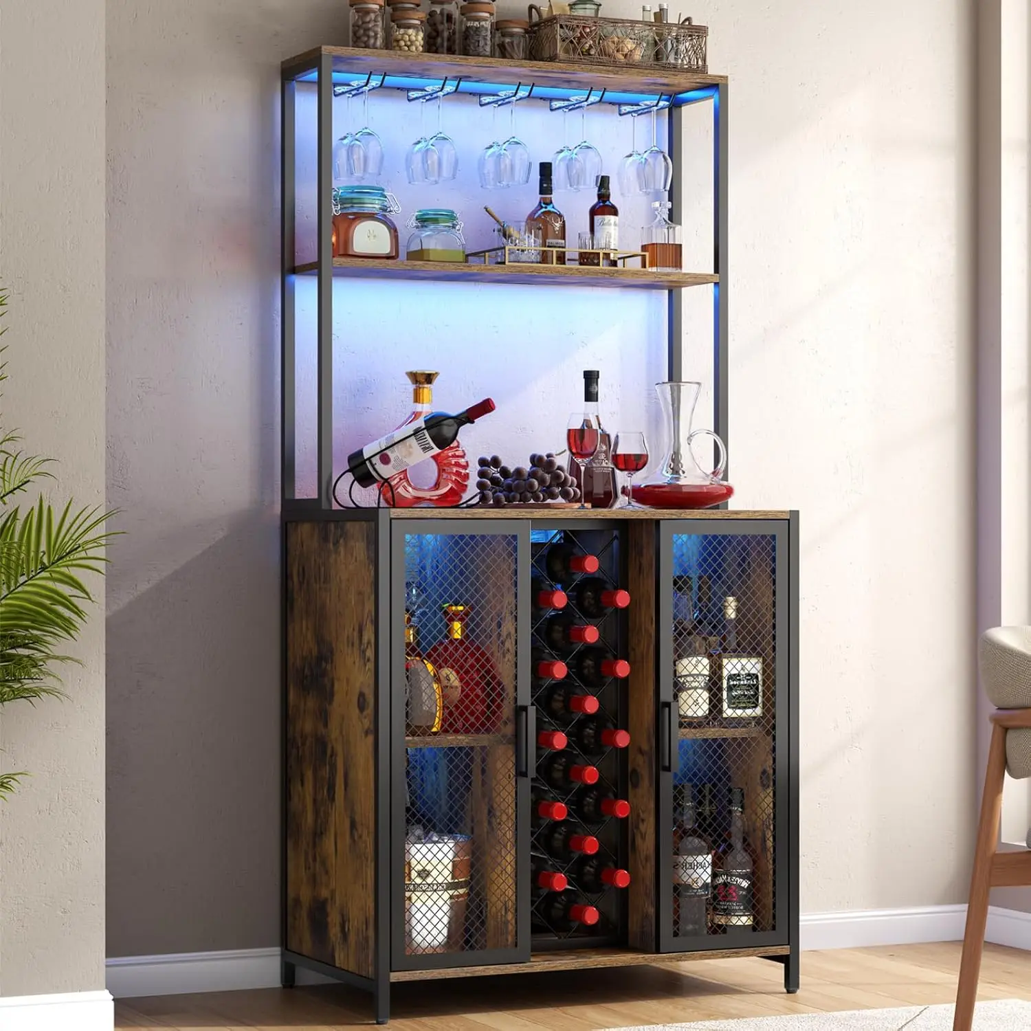 Industrial Wine Bar Cabinet with LED Lights 5-Tier Adjustable Shelves Glass Slots Rustic Kitchen Storage, Customized
Industrial Wine Bar Cabinet with LED Lights 5-Tier Adjustable Shelves Glass Slots Rustic Kitchen Storage, Customized