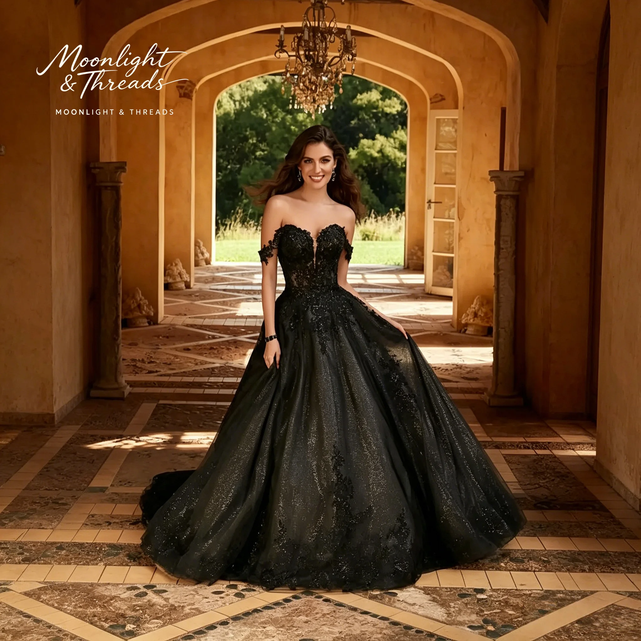Black off-the-shoulder strapless sleeveless floor-length formal wedding gown with a full skirt embroidery and an open back
Black off-the-shoulder strapless sleeveless floor-length formal wedding gown with a full skirt embroidery and an open back