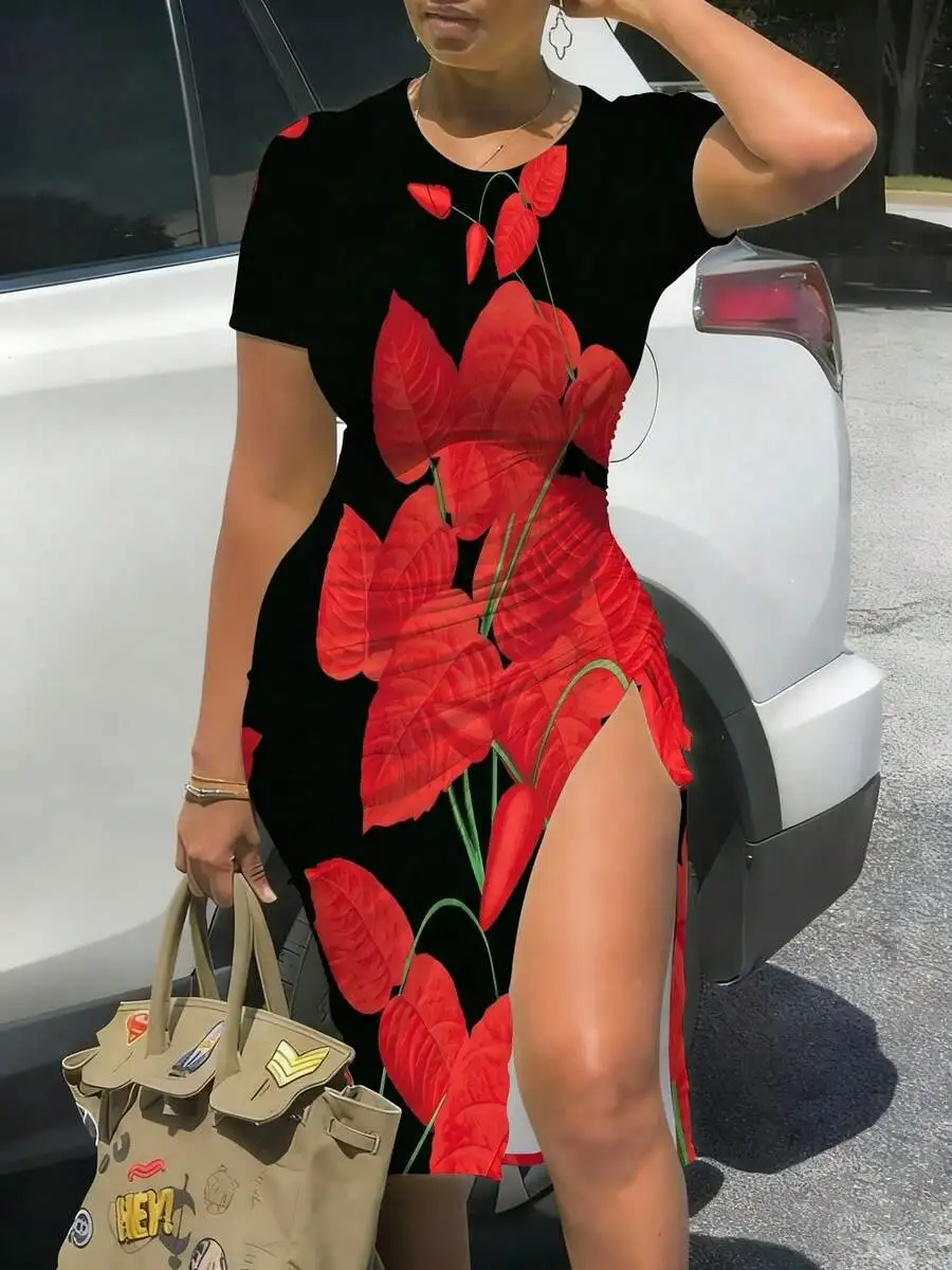 3D Print Red Floral Slim Fit Midi Dress With Side Slit For Women
3D Print Red Floral Slim Fit Midi Dress With Side Slit For Women