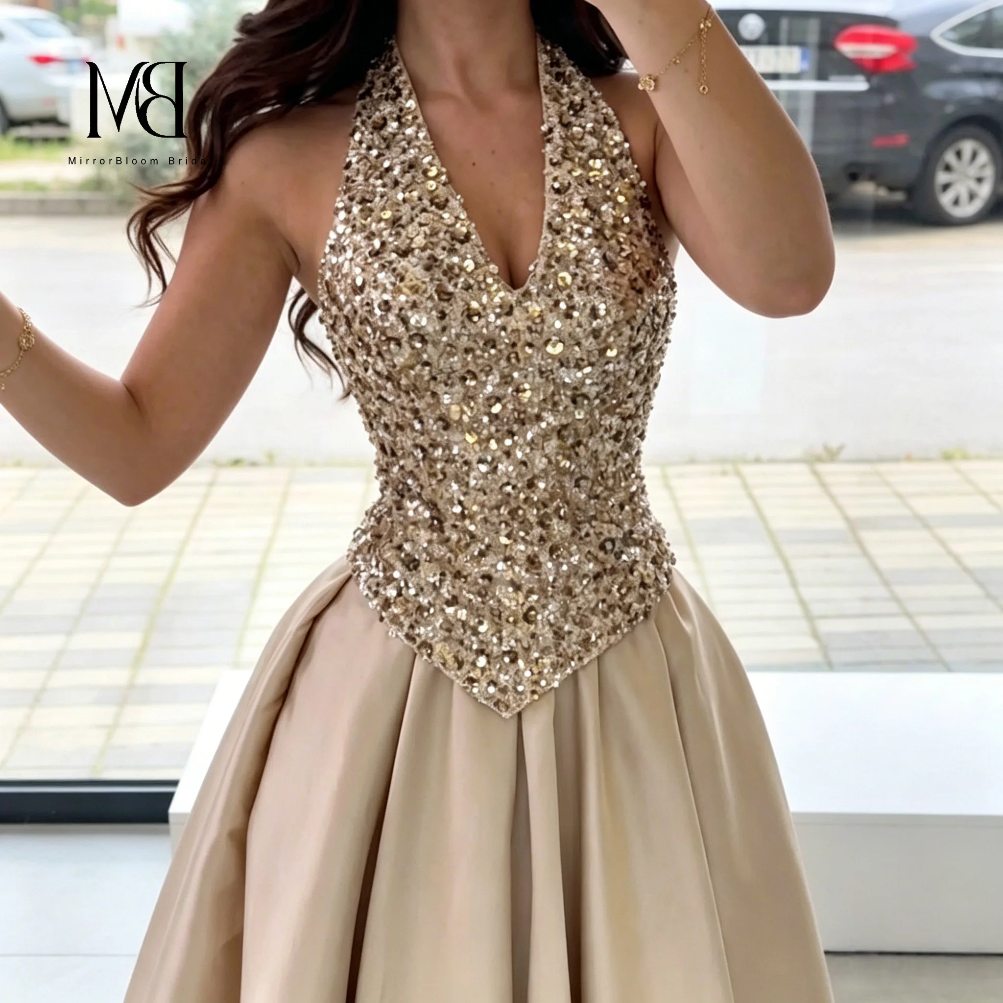 Elegant Khaki Halter-Neck Strapless Sleeveless Floor-Length Formal Prom Gown with Metallic Sequin Embellishments
Elegant Khaki Halter-Neck Strapless Sleeveless Floor-Length Formal Prom Gown with Metallic Sequin Embellishments