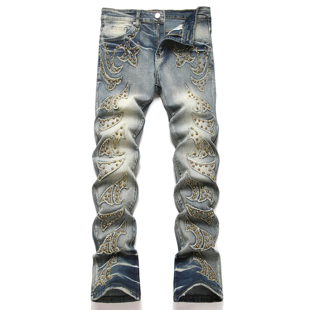 Men Slim Boot Cut Denim Jeans Punk Rivet Patch Stretch Pants Streetwear Blue Flared Trousers
Men Slim Boot Cut Denim Jeans Punk Rivet Patch Stretch Pants Streetwear Blue Flared Trousers