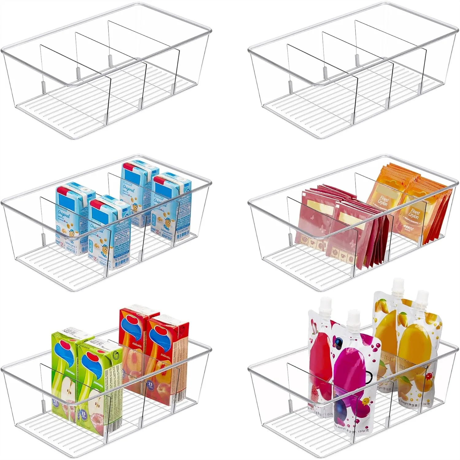 6 Pack Clear Plastic Food Storage Organizer Bins for Pantry with Removable Dividers for Snacks and Spice Packets
6 Pack Clear Plastic Food Storage Organizer Bins for Pantry with Removable Dividers for Snacks and Spice Packets