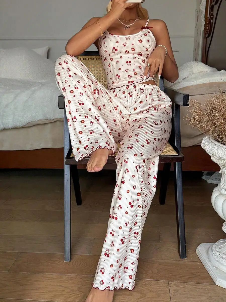 Womens Cherry Print Bow Camisole And Wide Leg Pajama Set
Womens Cherry Print Bow Camisole And Wide Leg Pajama Set