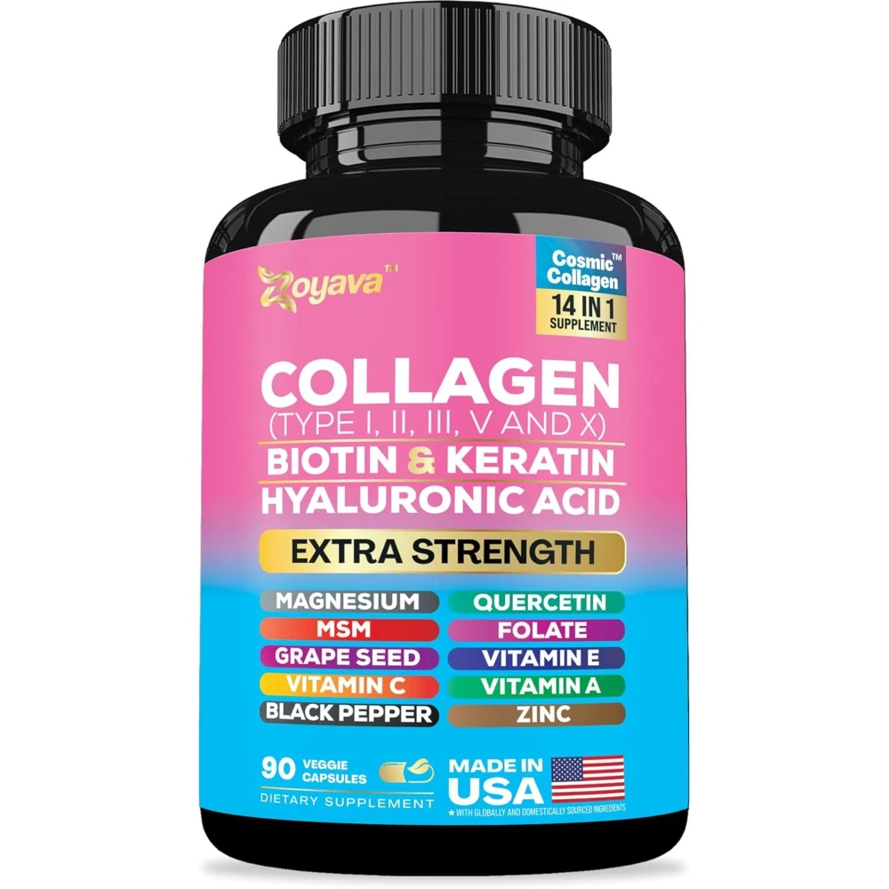 Collagen Pills Peptides Types I, II, III, V & X MCG Biotin Keratin Hyaluronic Acid MSM Vitamin A Vitamin C Vitamin E Folic Acid
Collagen Pills Peptides Types I, II, III, V & X MCG Biotin Keratin Hyaluronic Acid MSM Vitamin A Vitamin C Vitamin E Folic Acid