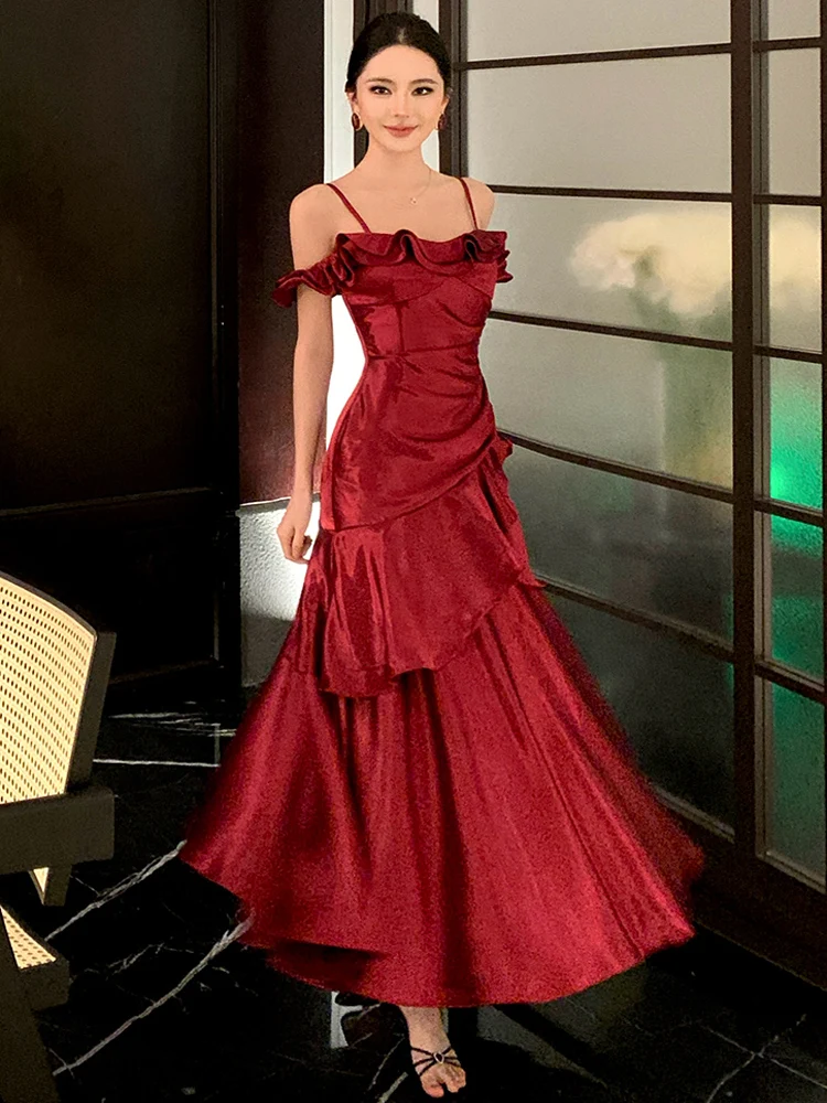 Elegant Romantic Ruffles Slash Neck Party Women's Mermaid Dress Female Red Slim Fit Spaghetti Strap Evening Dresses
Elegant Romantic Ruffles Slash Neck Party Women's Mermaid Dress Female Red Slim Fit Spaghetti Strap Evening Dresses