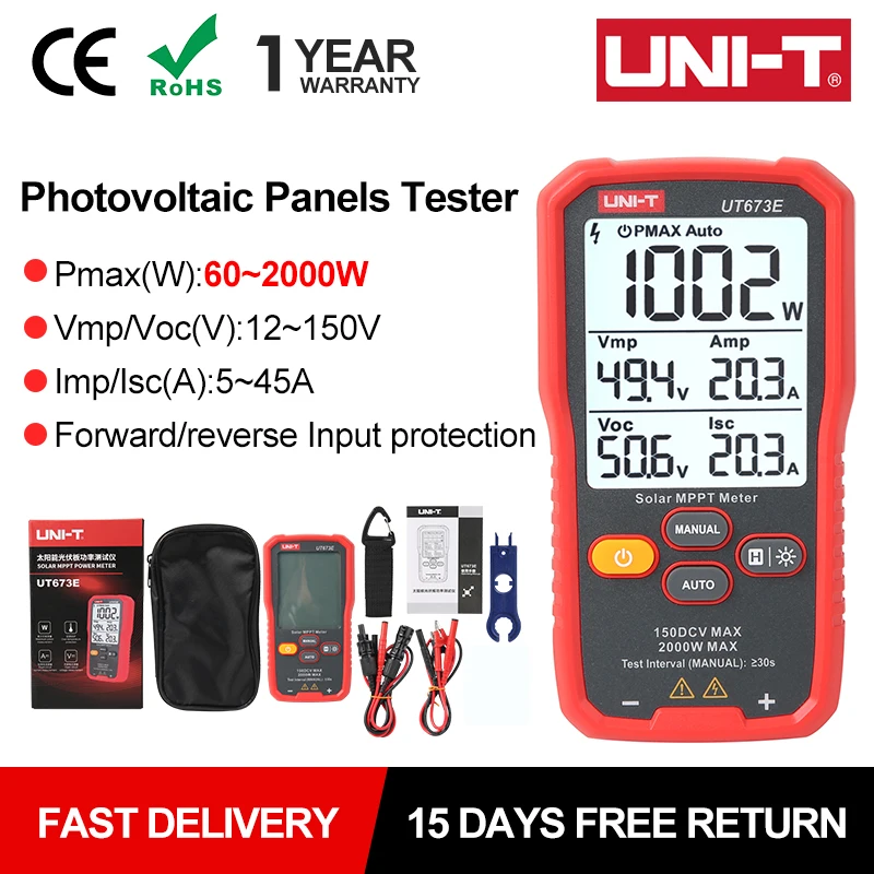 UNI-T Solar Panel Tester UT673E 60~2000W PV Module Maximum Power Meter Vmp Imp Voc Lsc Photovoltaic Panels Tester
UNI-T Solar Panel Tester UT673E 60~2000W PV Module Maximum Power Meter Vmp Imp Voc Lsc Photovoltaic Panels Tester