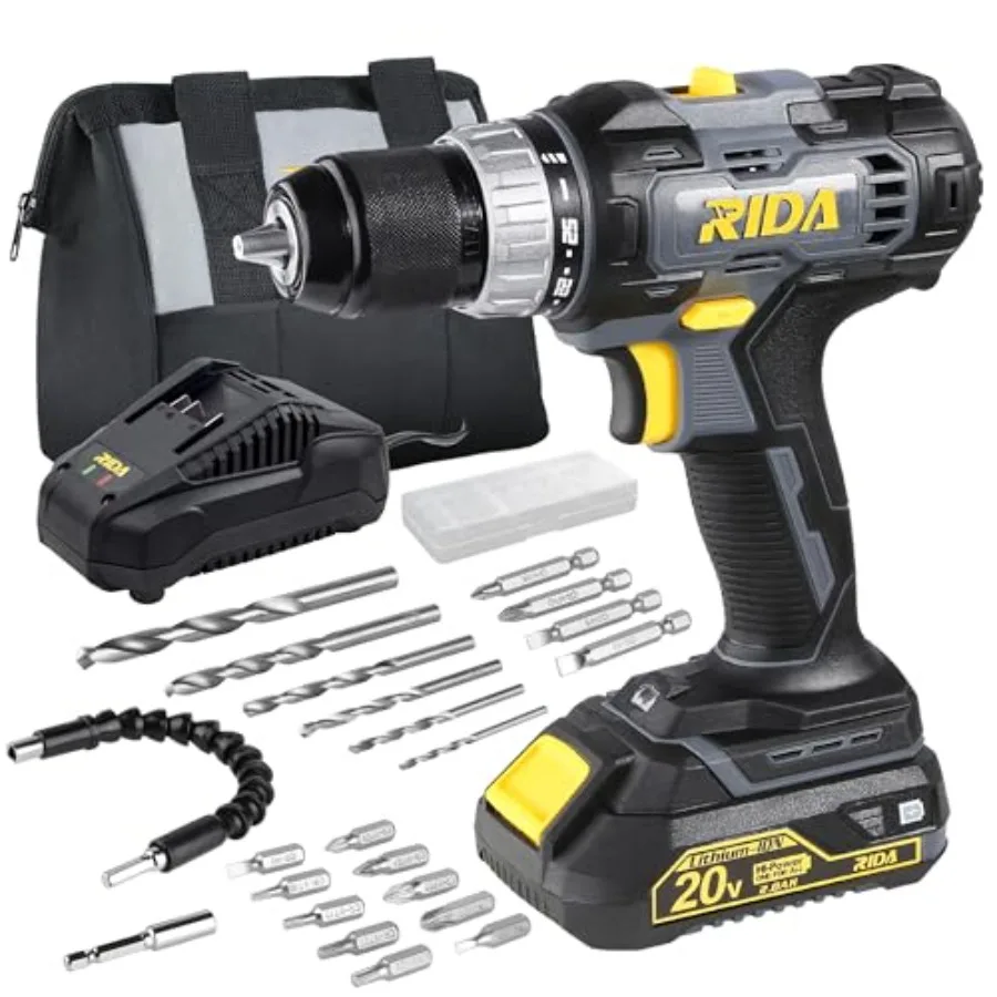 Cordless Drill Power Drill Cordless 20V 1/2'' Keyless Metal Chuck 355 In-lb 40N.m Torque with 2.0AH Li-ion Battery and Fast Cha
Cordless Drill Power Drill Cordless 20V 1/2'' Keyless Metal Chuck 355 In-lb 40N.m Torque with 2.0AH Li-ion Battery and Fast Cha