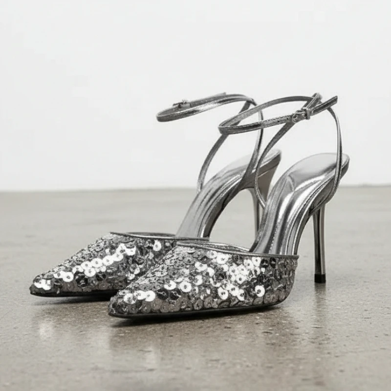 Elegant Silver Ankle Strap Heels for Women Luxury Sequin Beaded Pointed Toe Pumps Fashion Wedding Party Bridal Designer Shoes
Elegant Silver Ankle Strap Heels for Women Luxury Sequin Beaded Pointed Toe Pumps Fashion Wedding Party Bridal Designer Shoes
