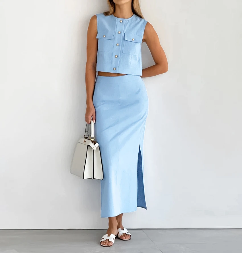 Summer 2024 Street Two Pieces Women Skirts Sets Split Ladies Blue O-neck Sleeveless Ladies Outfits Vest Tops Long Skirts Suit
Summer 2024 Street Two Pieces Women Skirts Sets Split Ladies Blue O-neck Sleeveless Ladies Outfits Vest Tops Long Skirts Suit