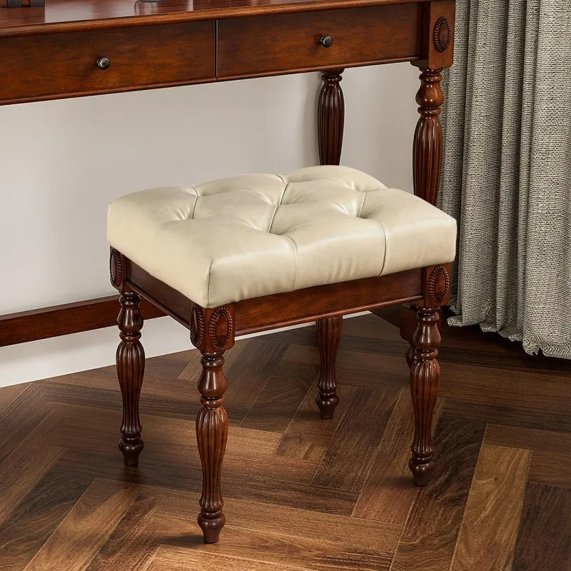 Solid Wood Upholstered Vanity Bench, Small Vintage Ottoman Leather Tufted Foot Stool with Padded Cushion Carved (Beige) 
Solid Wood Upholstered Vanity Bench, Small Vintage Ottoman Leather Tufted Foot Stool with Padded Cushion Carved (Beige)