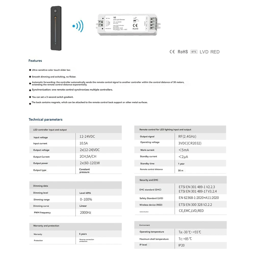 AA08-Tuya LED Dimmer With 2.4G RF Wireless Remote Control 12-24V 2CH RF Color Temperature Controller LED Strip Controller