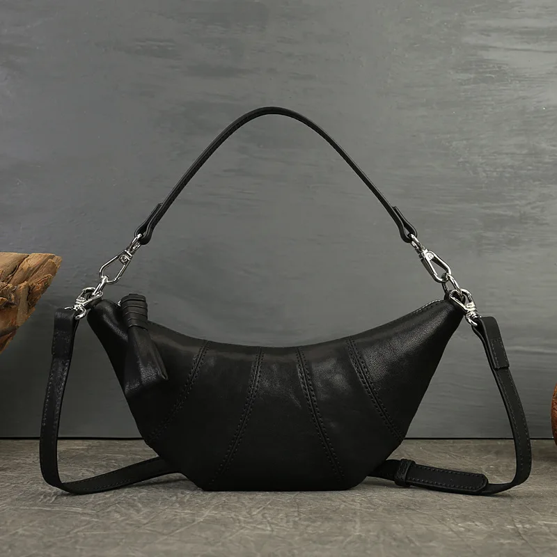 Black Genuine Cowhide Leather Half Moon Handbag Unique Shape Dual Use Adjustable Shoulder Strap Crossbody Bags
Black Genuine Cowhide Leather Half Moon Handbag Unique Shape Dual Use Adjustable Shoulder Strap Crossbody Bags