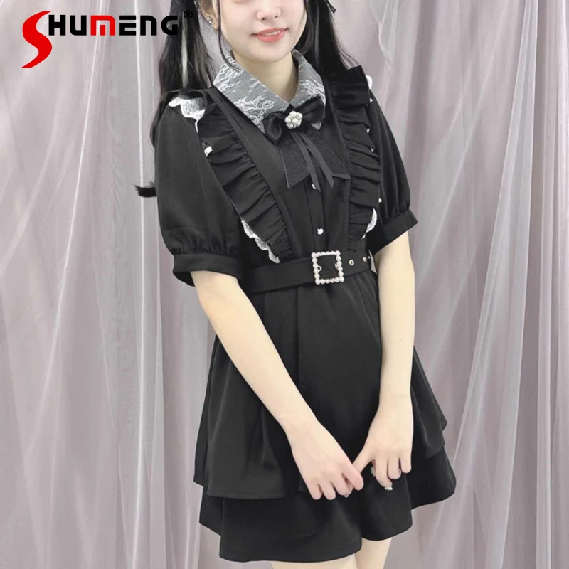 Japanese Mine Style Rojita Suit Doll Collar Bow Short Sleeve Belt Slim Mini Dress High Waist Shorts Two-piece Sets Women Summer 
Japanese Mine Style Rojita Suit Doll Collar Bow Short Sleeve Belt Slim Mini Dress High Waist Shorts Two-piece Sets Women Summer