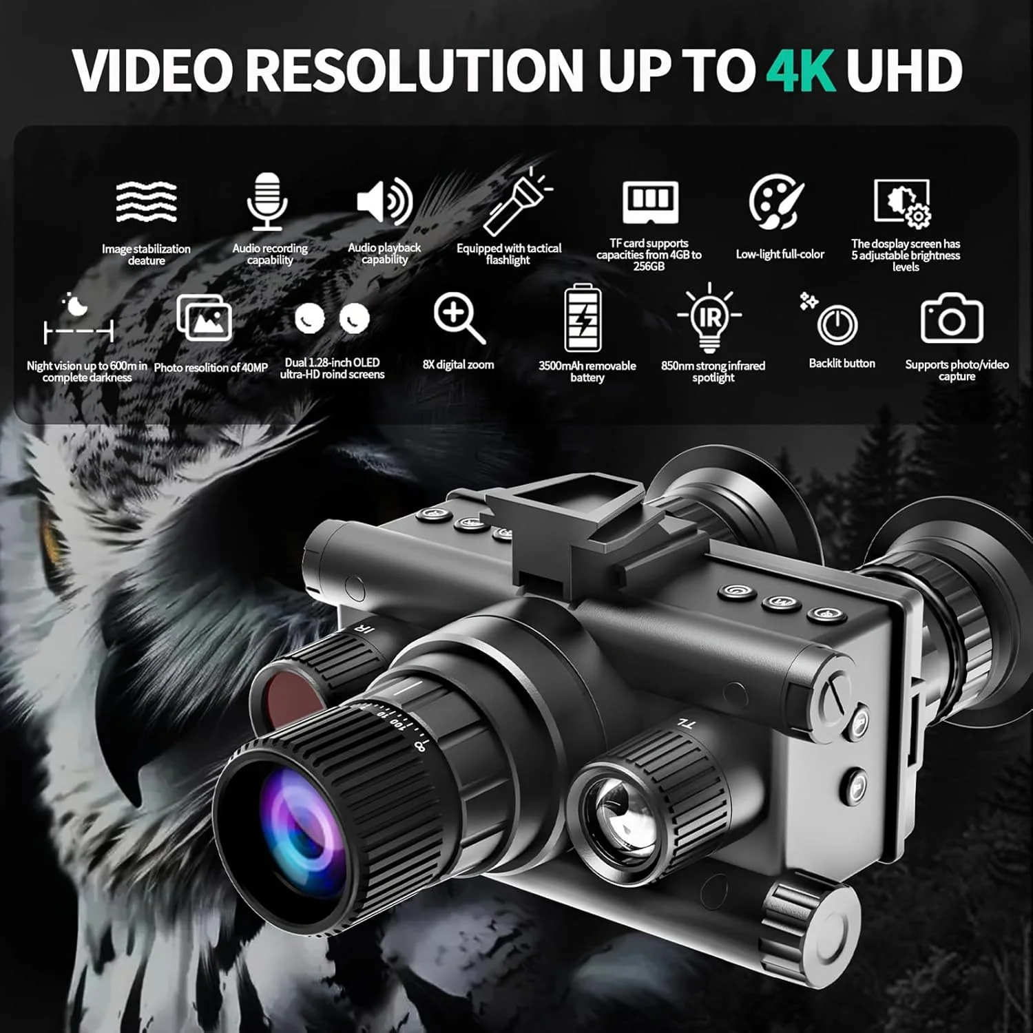 4K Night Vision UHD 40MP Head Mounted Tactical Telescope Goggles 8X Zoom 600M Infrared Binoculars Hunting Fishing Camping
4K Night Vision UHD 40MP Head Mounted Tactical Telescope Goggles 8X Zoom 600M Infrared Binoculars Hunting Fishing Camping