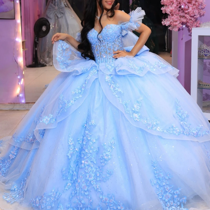 Sky Blue Shiny Quinceanera Dresses Ball Gown Off The Shoulder Applique Lace Beading Crystal Bow Corset Tull Sweet 16 Dress Vesti
Sky Blue Shiny Quinceanera Dresses Ball Gown Off The Shoulder Applique Lace Beading Crystal Bow Corset Tull Sweet 16 Dress Vesti