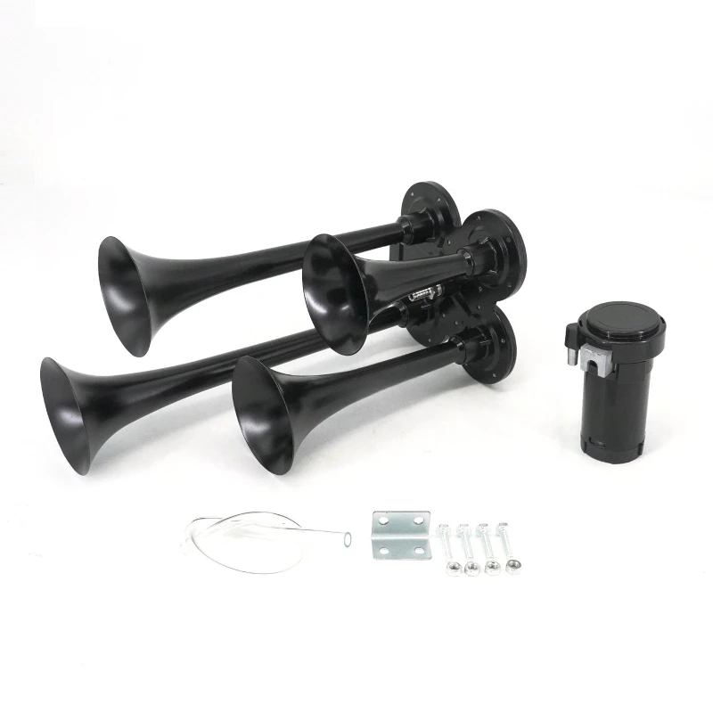 12V black four-pipe air horn, pneumatic motor air pump treble whistle, car truck modification parts manufacturer
12V black four-pipe air horn, pneumatic motor air pump treble whistle, car truck modification parts manufacturer