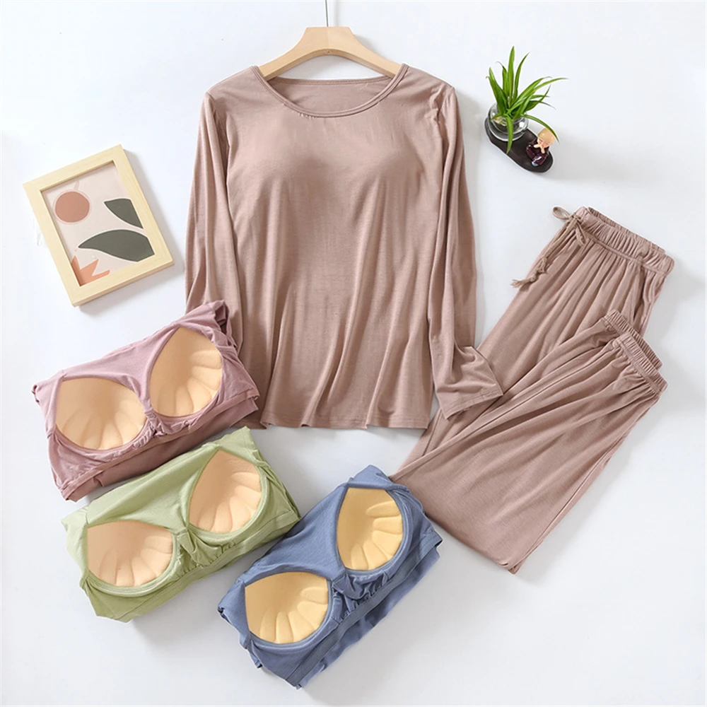 Push Up Cotton Pajamas Sets Women With Bra Pad Long Sleeve Solid Night Wear Loose Pijama Mujer Sleepwear Spring Autumn Homewear
Push Up Cotton Pajamas Sets Women With Bra Pad Long Sleeve Solid Night Wear Loose Pijama Mujer Sleepwear Spring Autumn Homewear