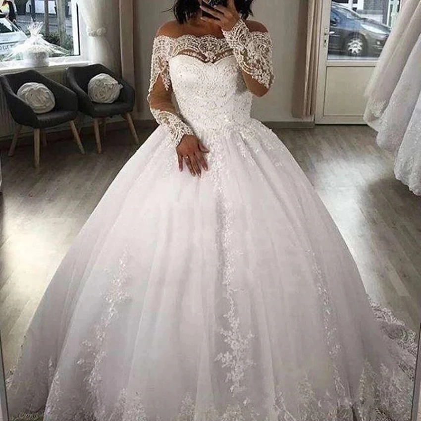 ANGELSBRIDEP Elegant Boat Neck Long Sleeves Off Shoulder Ball Gown Wedding Dresses For Women Vestido De Noiva Bridal Dresses
ANGELSBRIDEP Elegant Boat Neck Long Sleeves Off Shoulder Ball Gown Wedding Dresses For Women Vestido De Noiva Bridal Dresses