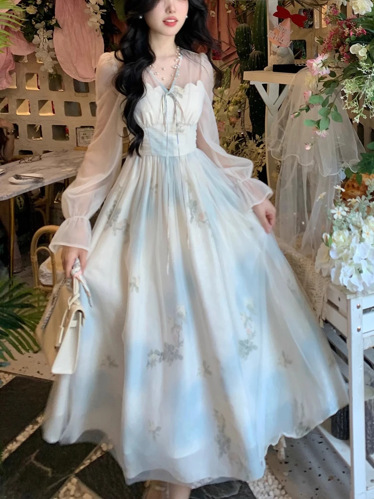Elegant Vintage Long Sleeve Floral Dress Women Casual Korean Style Slim Mesh Fairy Dress Female 2025 Summer Fashion Party Dress
Elegant Vintage Long Sleeve Floral Dress Women Casual Korean Style Slim Mesh Fairy Dress Female 2025 Summer Fashion Party Dress