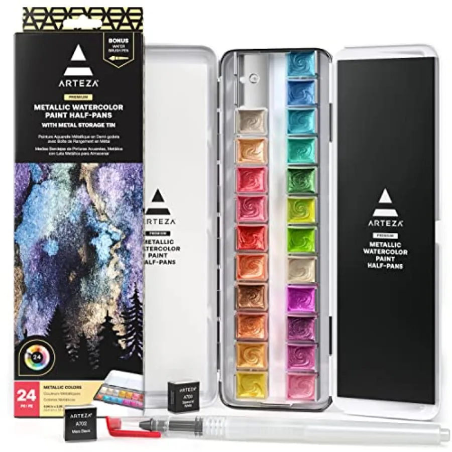 Metallic Watercolor Paint Set, 24 Shimmer Colors in Half Pans with Metal Tin and Water Brush Pen for Painting, Lettering, Calli
Metallic Watercolor Paint Set, 24 Shimmer Colors in Half Pans with Metal Tin and Water Brush Pen for Painting, Lettering, Calli