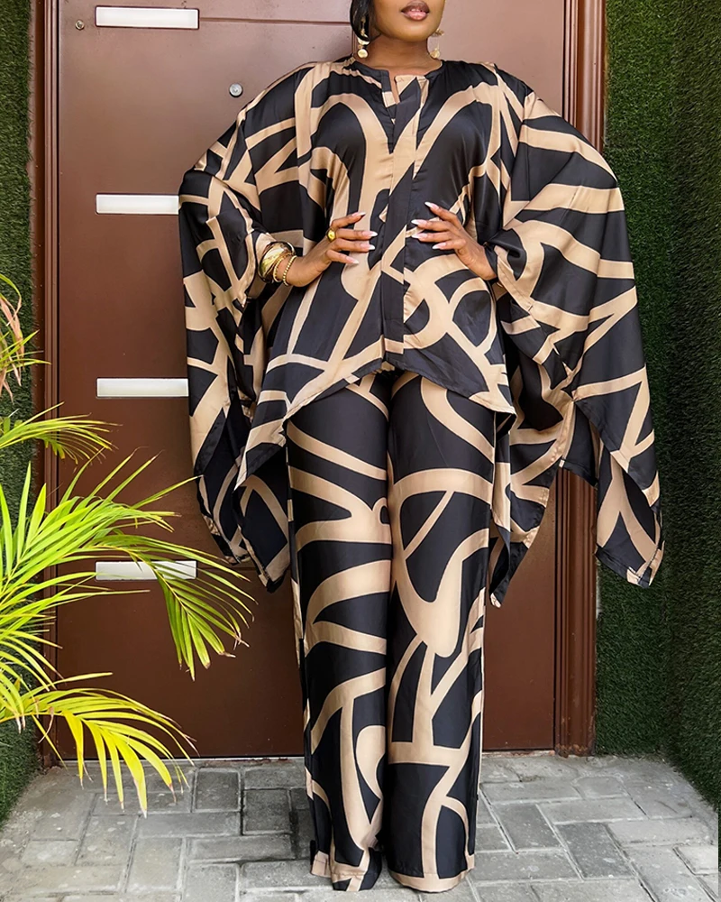 2 Pieces Outfit Woman Trousers Sets Fashion Women's Abstract Print Batwing Sleeve Asymmetrical Top and Casual Wide Leg Pants Set
2 Pieces Outfit Woman Trousers Sets Fashion Women's Abstract Print Batwing Sleeve Asymmetrical Top and Casual Wide Leg Pants Set