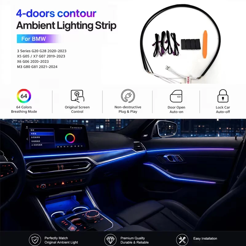 11 Color 4 Doors LED Ambient Lights for BMW 3 Series i3 X5 X6 X7 G20 G05 G06 G07 G28 M3 G80 Auto Interior Decorative Strips
11 Color 4 Doors LED Ambient Lights for BMW 3 Series i3 X5 X6 X7 G20 G05 G06 G07 G28 M3 G80 Auto Interior Decorative Strips