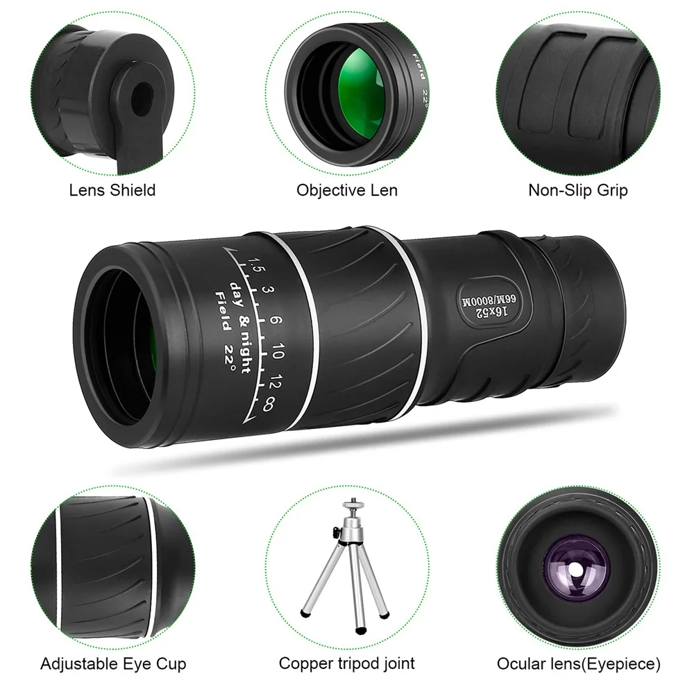 16x52 Monocular Dual Focus Optics Zoom Telescope for Birds Watching Hunting Camping Hiking Tourism
16x52 Monocular Dual Focus Optics Zoom Telescope for Birds Watching Hunting Camping Hiking Tourism