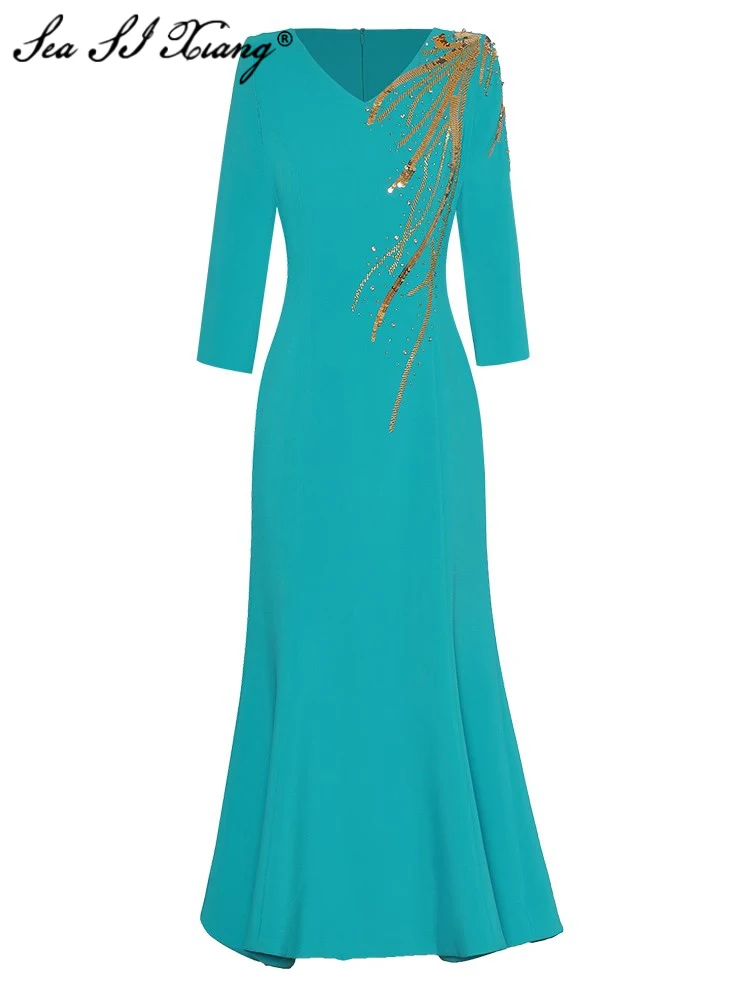 Seasixiang Fashion Designer Spring Mermaid Dress Women V-Neck Long Sleeve Sequins Beading Elegant Party Solid Color Dresses
Seasixiang Fashion Designer Spring Mermaid Dress Women V-Neck Long Sleeve Sequins Beading Elegant Party Solid Color Dresses