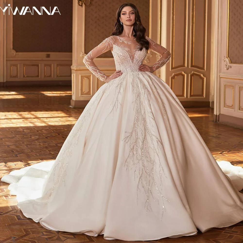 Classic O-neck Long Sleeve Bridal Dress Sparkly Beads Sequins Wedding Gown Luxury Ball Gown Long Bride Robe Vestido De Novia
Classic O-neck Long Sleeve Bridal Dress Sparkly Beads Sequins Wedding Gown Luxury Ball Gown Long Bride Robe Vestido De Novia