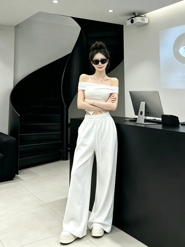 Hot Girl White One-Shoulder Belted Top High-Waisted Drawstring Wide-Leg Pants Summer Two-Piece Set Women's Fashion Outfit
Hot Girl White One-Shoulder Belted Top High-Waisted Drawstring Wide-Leg Pants Summer Two-Piece Set Women's Fashion Outfit