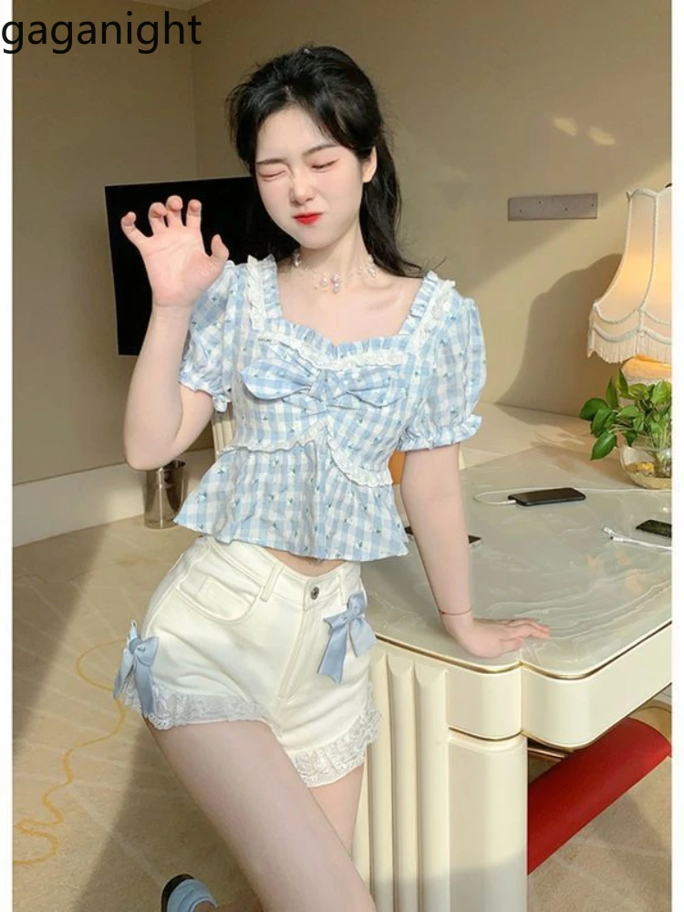 Gaganight Plaid Shirts Women Sweet Bow Square Collar Lace Patchwork Ruffles Spring Summer Casual Crop Tops Female Blouse
Gaganight Plaid Shirts Women Sweet Bow Square Collar Lace Patchwork Ruffles Spring Summer Casual Crop Tops Female Blouse