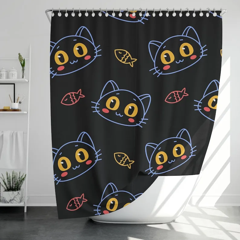 Black Cat Kawaii Shower Curtain, Cute Cartoon Cat Faces with Fish, Bold Black Bathroom Decor, Modern Kids Bathroom
Black Cat Kawaii Shower Curtain, Cute Cartoon Cat Faces with Fish, Bold Black Bathroom Decor, Modern Kids Bathroom