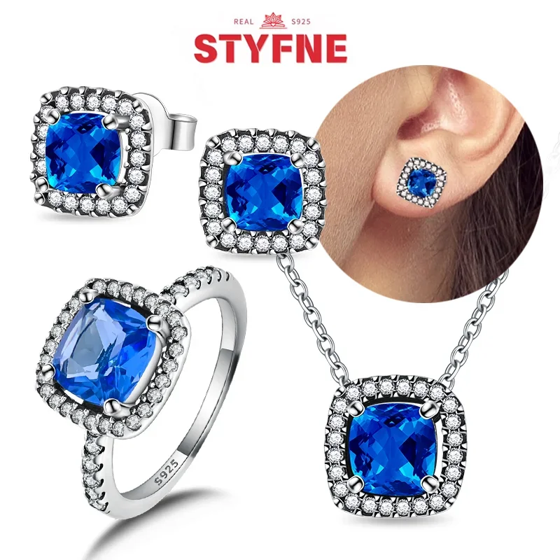 New S925 Silver Blue Jewelry Sets Sparkling Earring Rings Halo Necklace Zircon Stud Earring & Ring for Women Fine Jewelry Gift
New S925 Silver Blue Jewelry Sets Sparkling Earring Rings Halo Necklace Zircon Stud Earring & Ring for Women Fine Jewelry Gift
