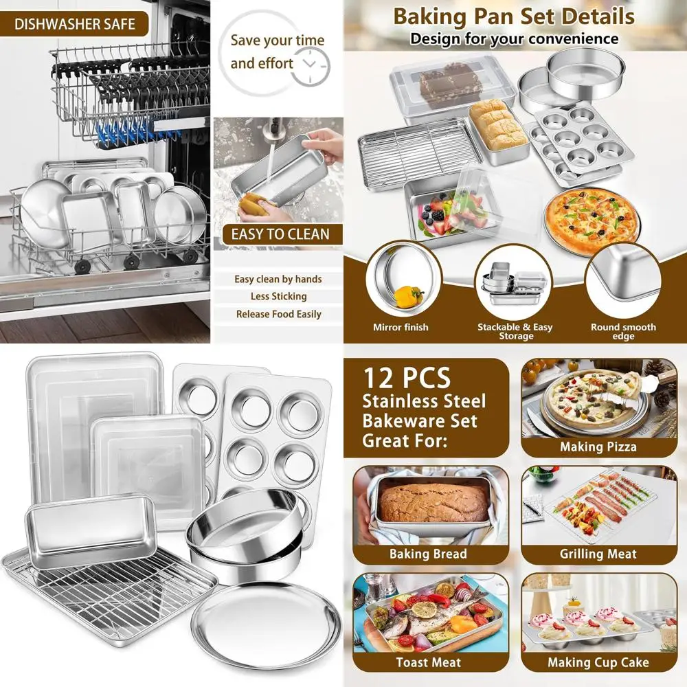 12-Piece Stainless Steel Baking Set: Rack, Square Cake Pan w/Lid, Lasagna, Loaf, Muffin, Pizza Pan & 2 Covers
12-Piece Stainless Steel Baking Set: Rack, Square Cake Pan w/Lid, Lasagna, Loaf, Muffin, Pizza Pan & 2 Covers
