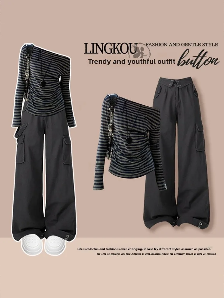Korean Style plus Size Autumn Set Women's American Retro Diagonal Shoulder Striped Top High Waist Wide Leg Workwear Pants Two...
Korean Style plus Size Autumn Set Women's American Retro Diagonal Shoulder Striped Top High Waist Wide Leg Workwear Pants Two...